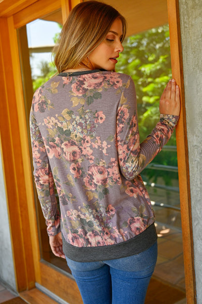 Button Detail Long Sleeved Floral Print Top