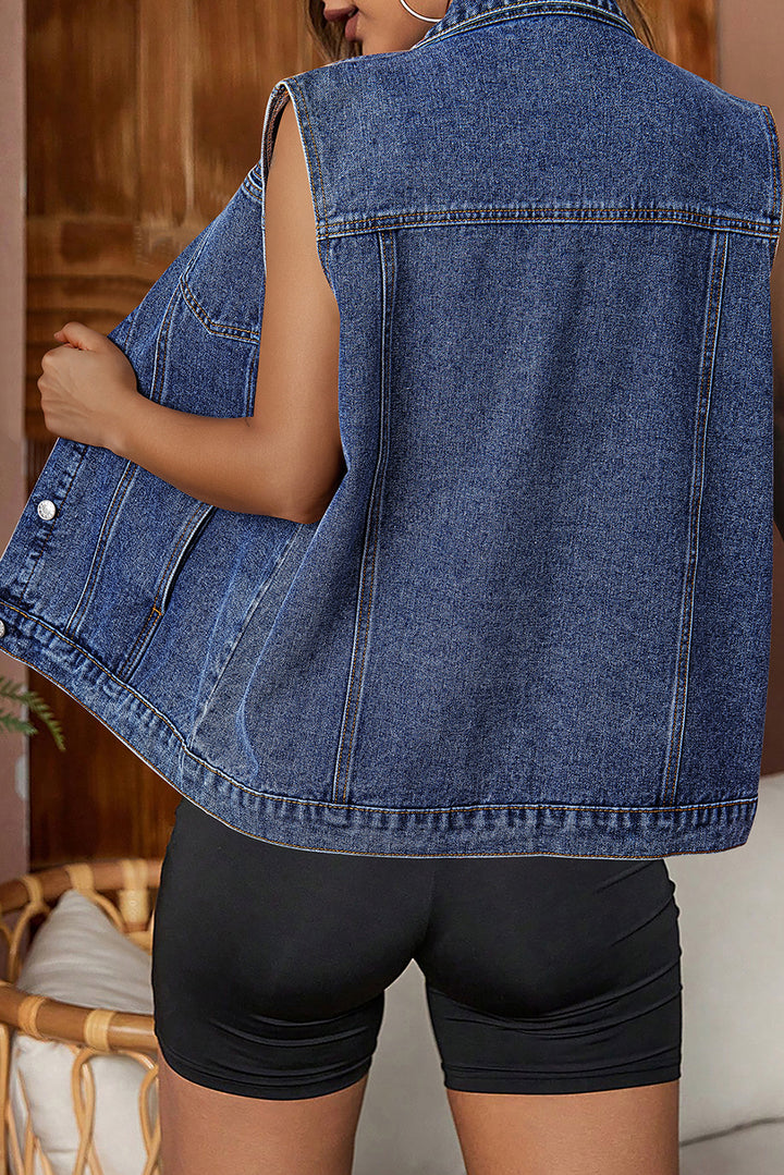 Dark Blue Tailor Seam Detail Button Down Denim Vest