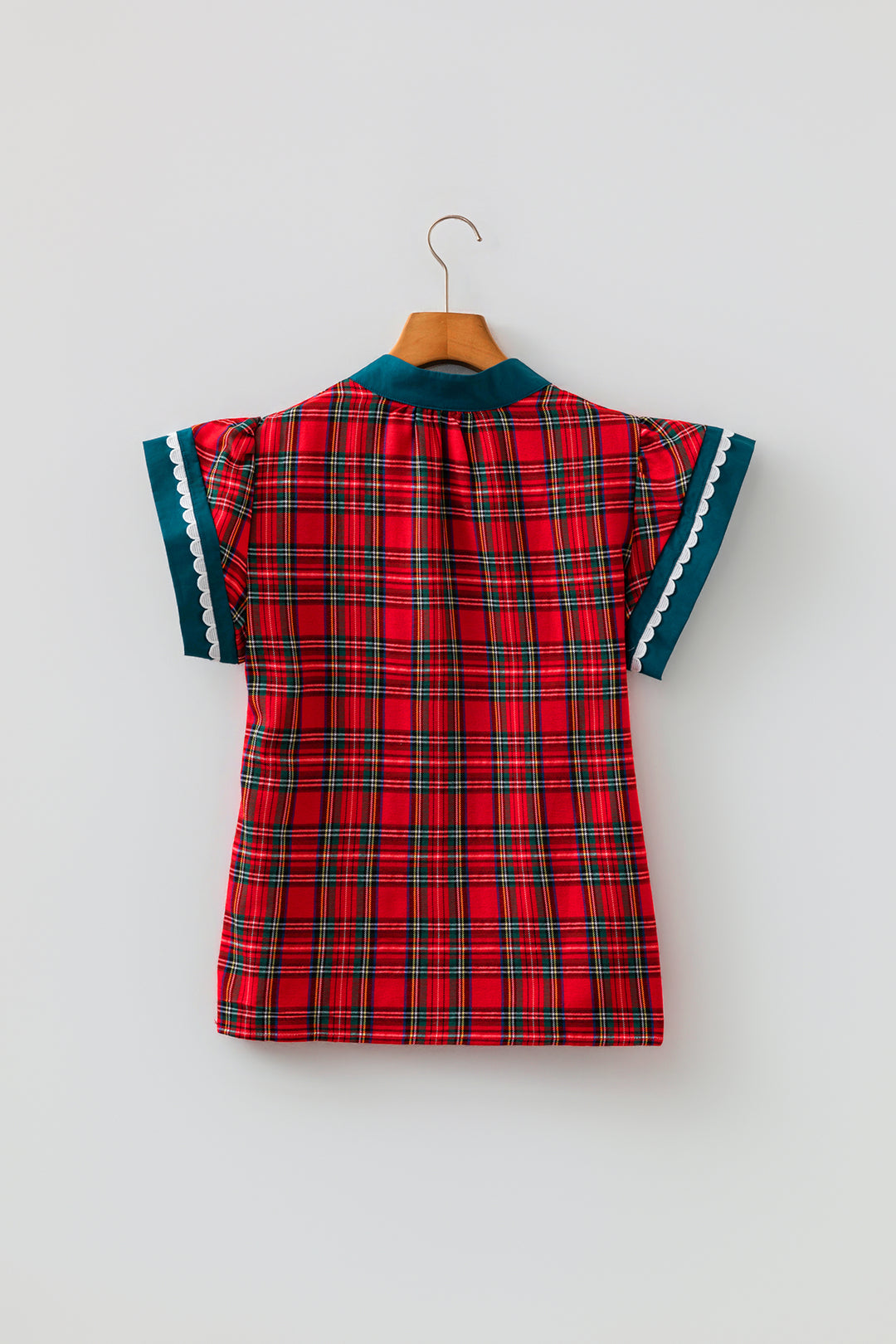 Red Plaid V Neck Short Sleeve Shift Blouse