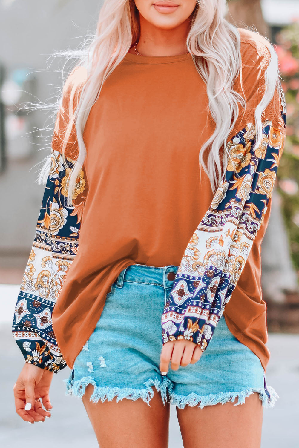 Brown Boho Floral Print Balloon Sleeve Top with Lace Details