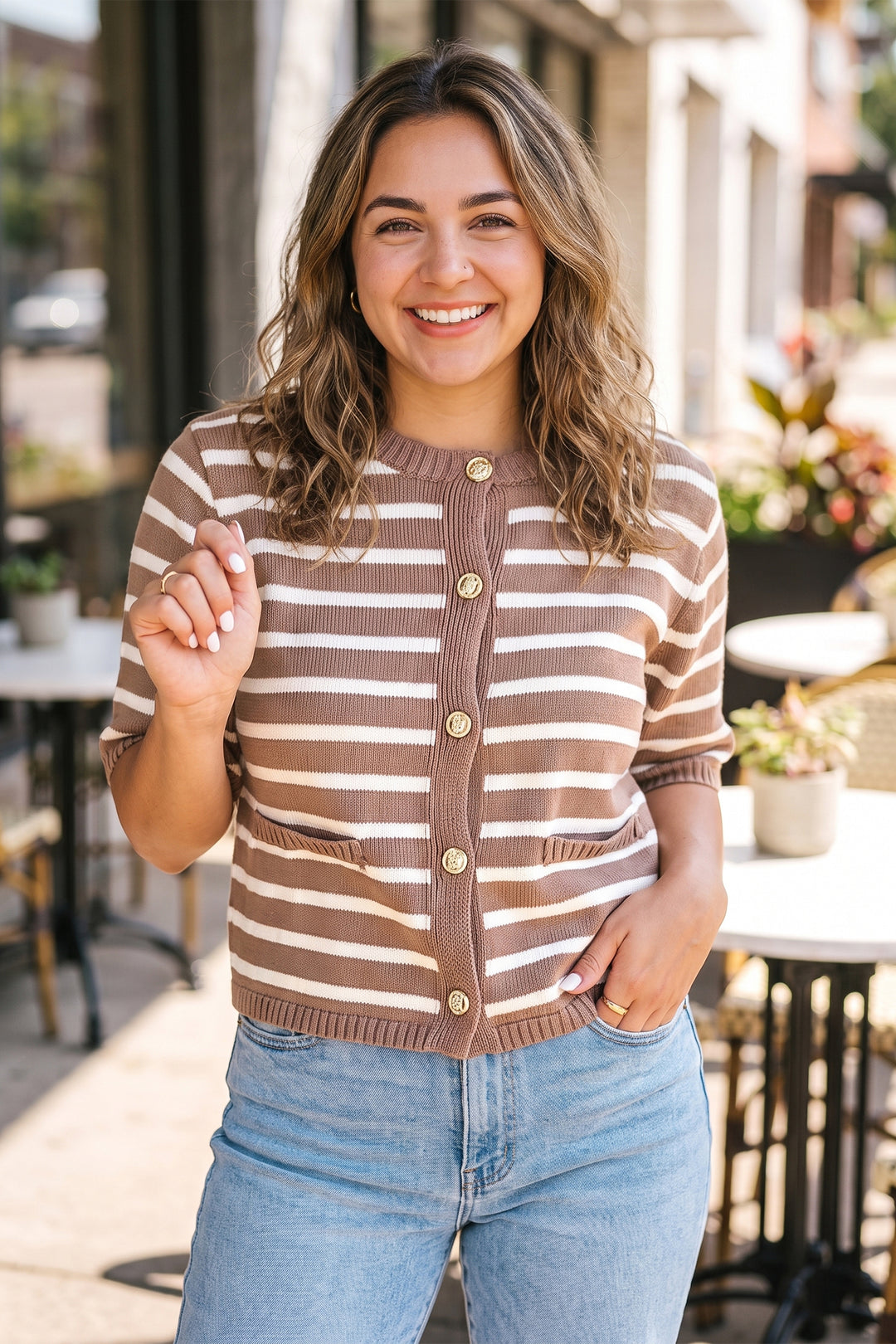 Khaki Stripe Button Down Short Sleeve Knit Plus Size Cardigan