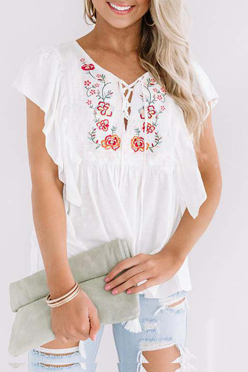 White Floral Embroidered Ruffled Lace-up V Neck Top