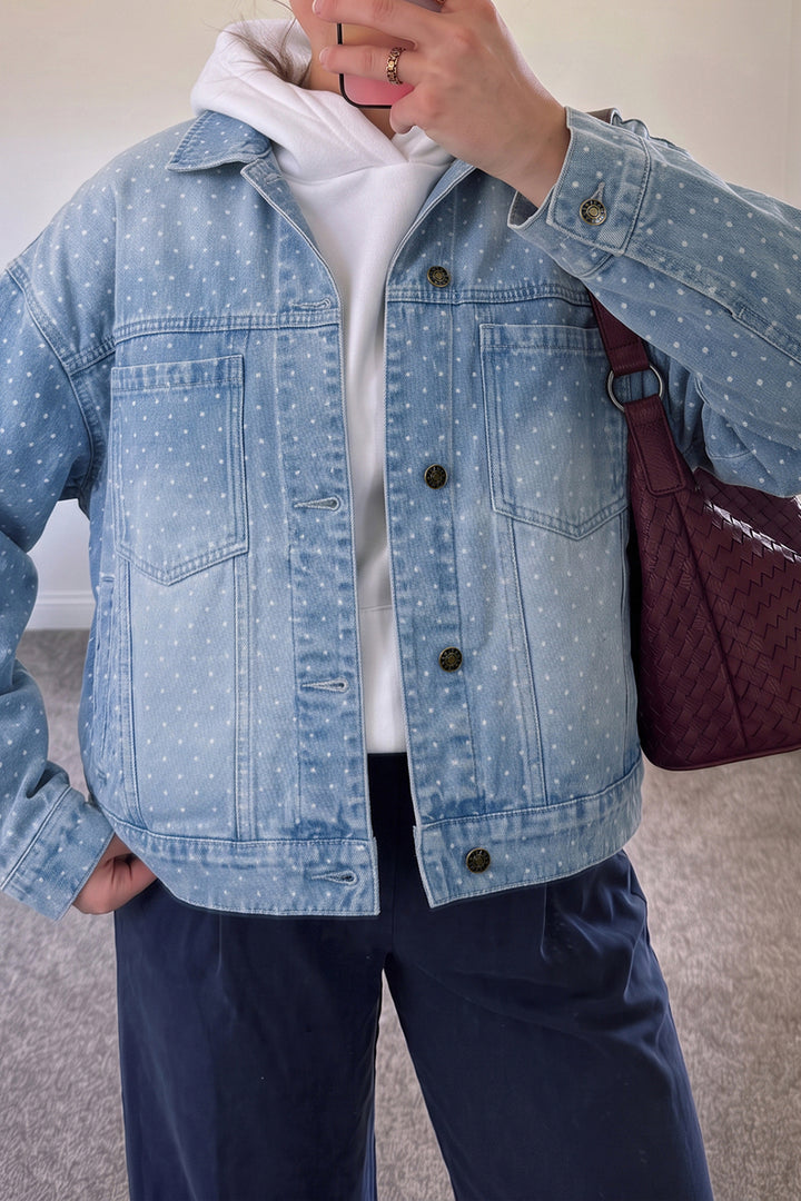 Sky Blue Polka Dot Long Sleeve Collar Pocket Casual Shift Silhouette Denim Jacket