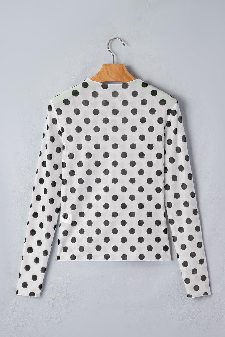 White Polka Dot Sheer Long Sleeve Round Neck Slim Top