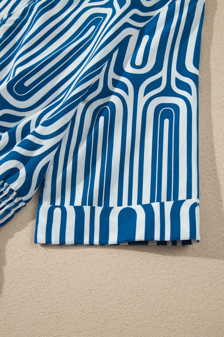 Blue Geometric Print Short Sleeve Drawstring Shirt Collar Dress