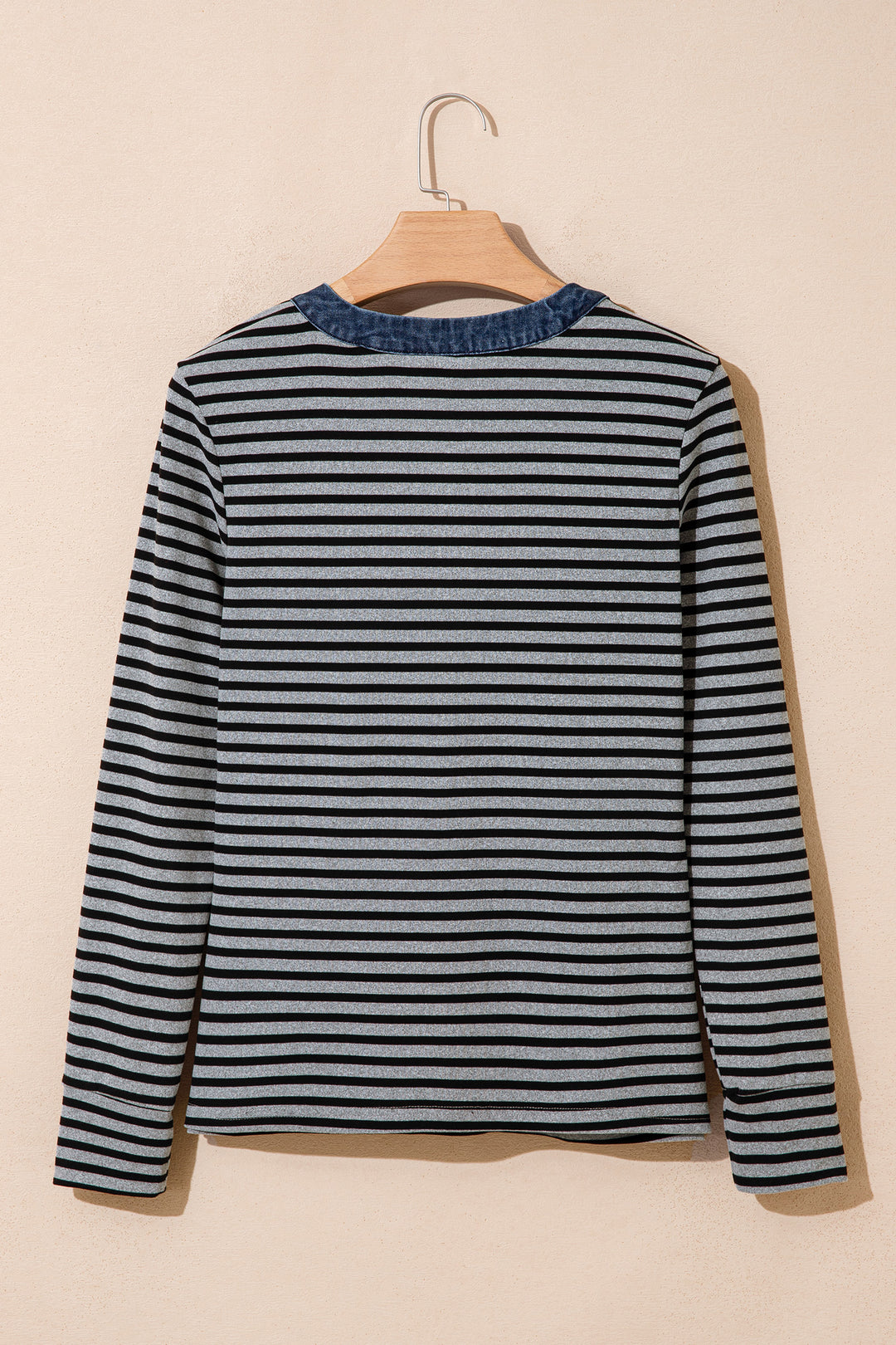 Gray Stripe Denim Contrast Collar Half Button Long Sleeve Top