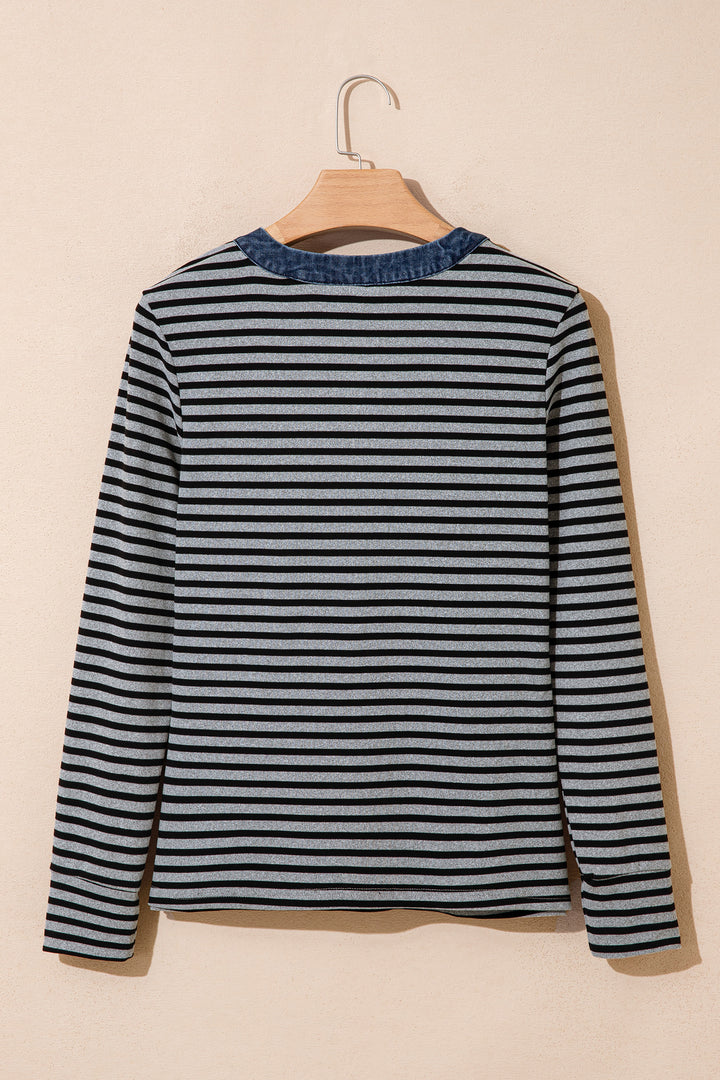 Gray Stripe Denim Contrast Collar Half Button Long Sleeve Top