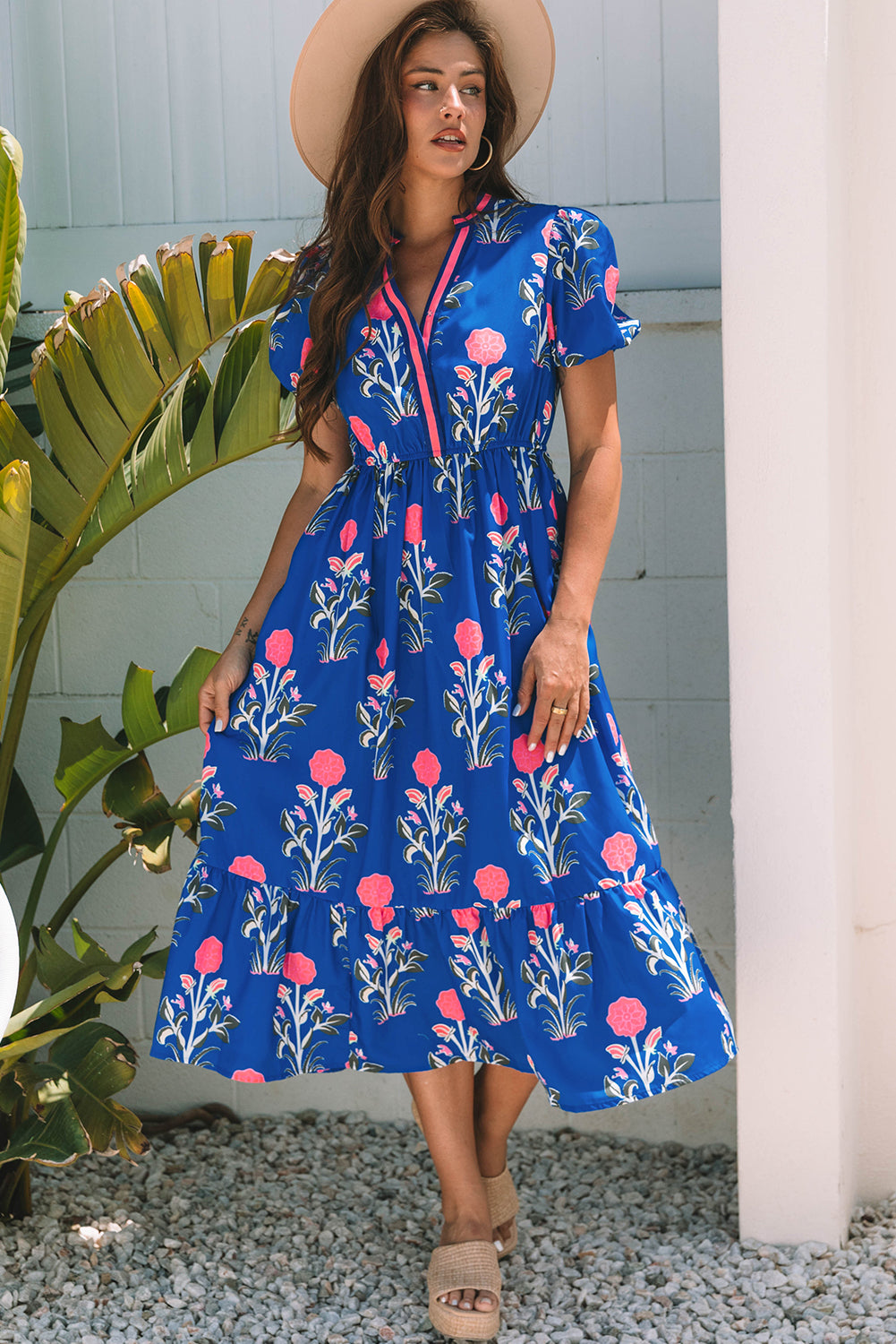 Blue Floral Puff Short Sleeve V Neck High Waist Maxi Dress