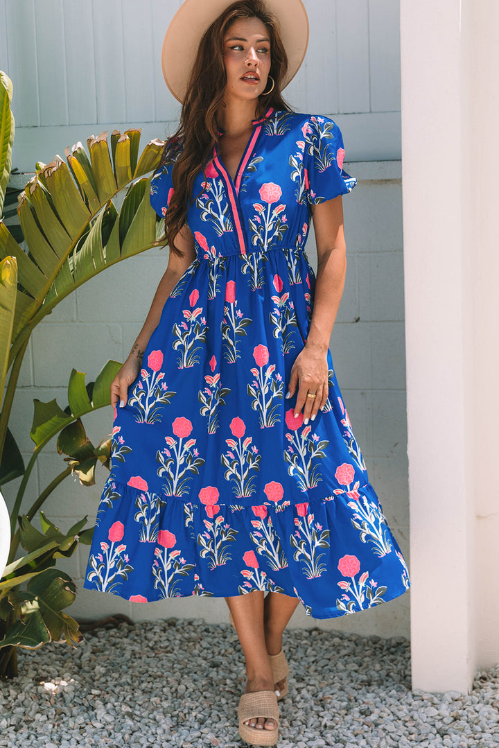 Blue Floral Puff Short Sleeve V Neck High Waist Maxi Dress
