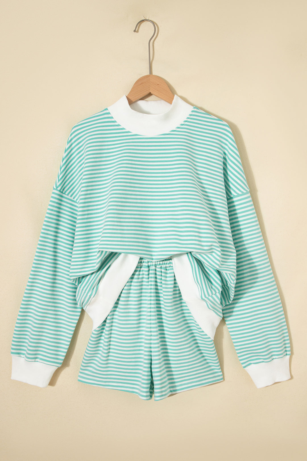 Sky Blue Stripe Oversize Mock Neck Sweatshirt and Shorts Set