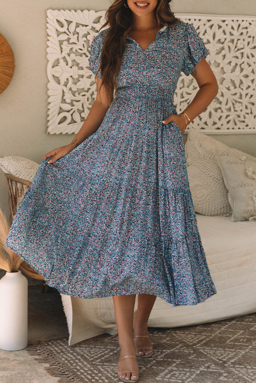 Blue Printed V Neck Shirred Short Puff Sleeve Maxi Dress