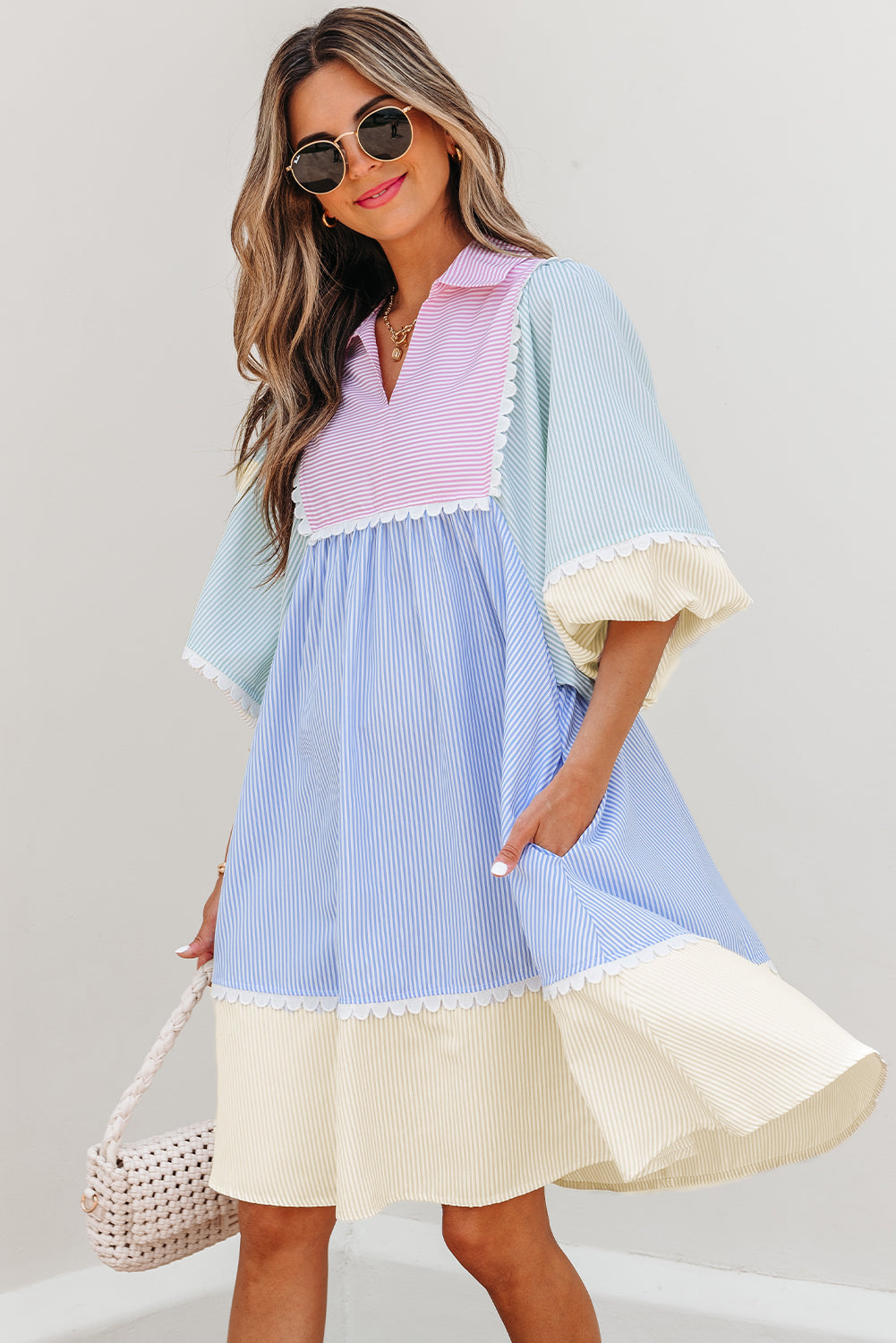 Joelle Striped Ric Rac Puff Sleeve Collared Mini Dress