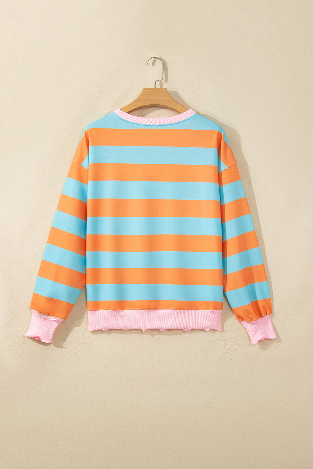 Orange Stripe Ribbed Color Block Trim Round Neck Long Sleeve Shift Top