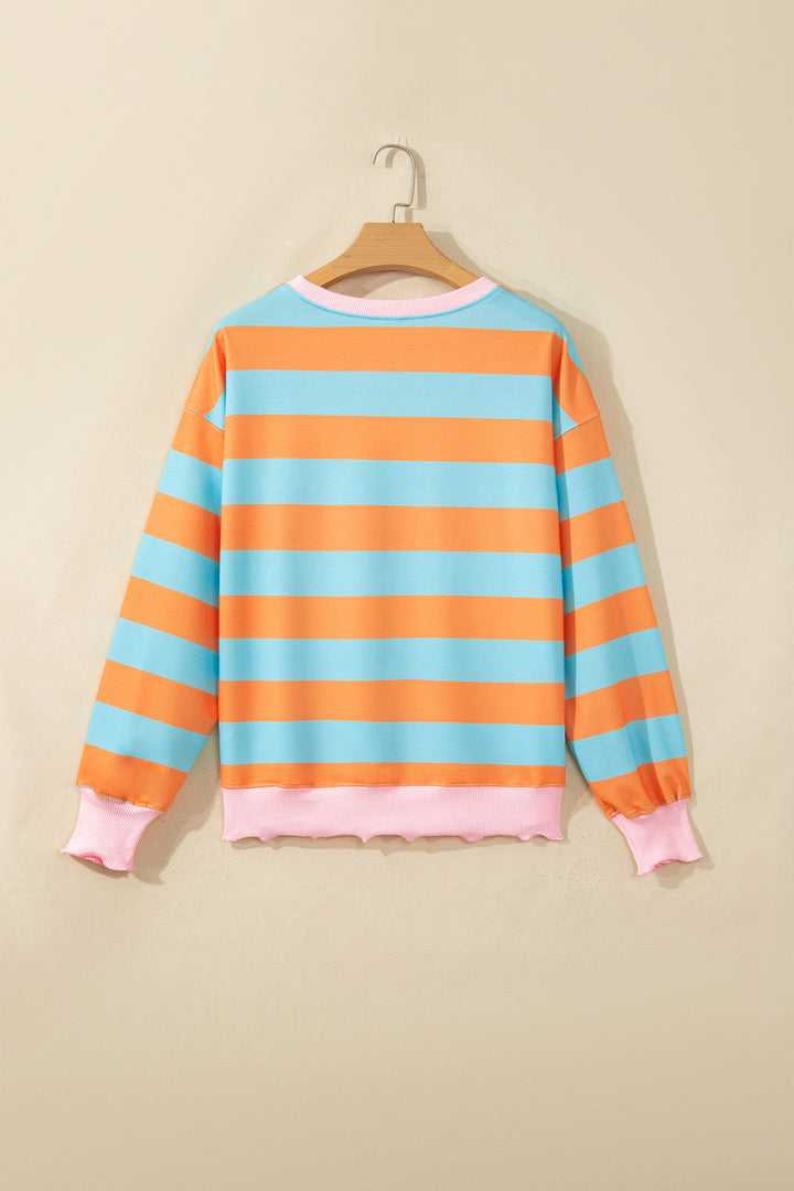 Orange Stripe Ribbed Color Block Trim Round Neck Long Sleeve Shift Top