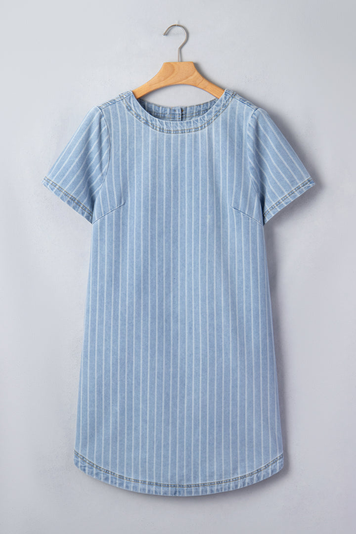 Sky Blue Stripe Buttoned Back T-Shirt Denim Mini Dress