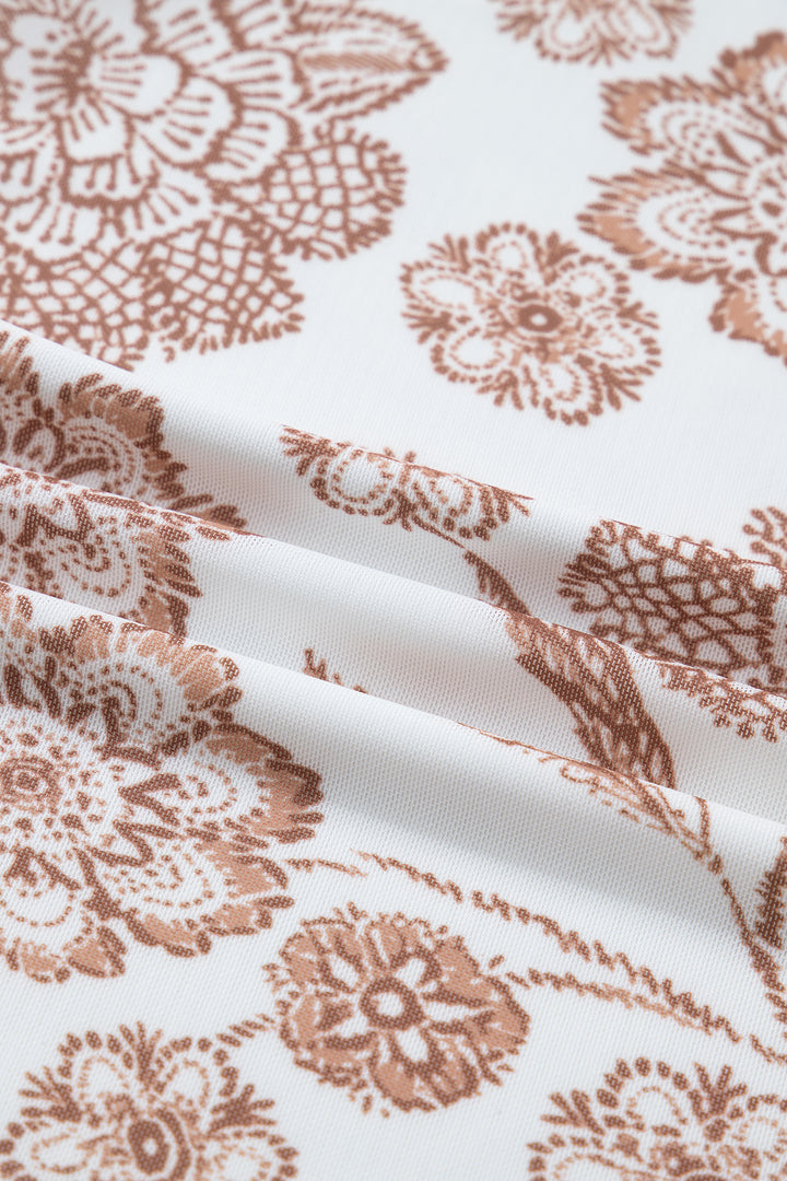 Brown Thumbhole Long Sleeve Floral Print Mesh Top