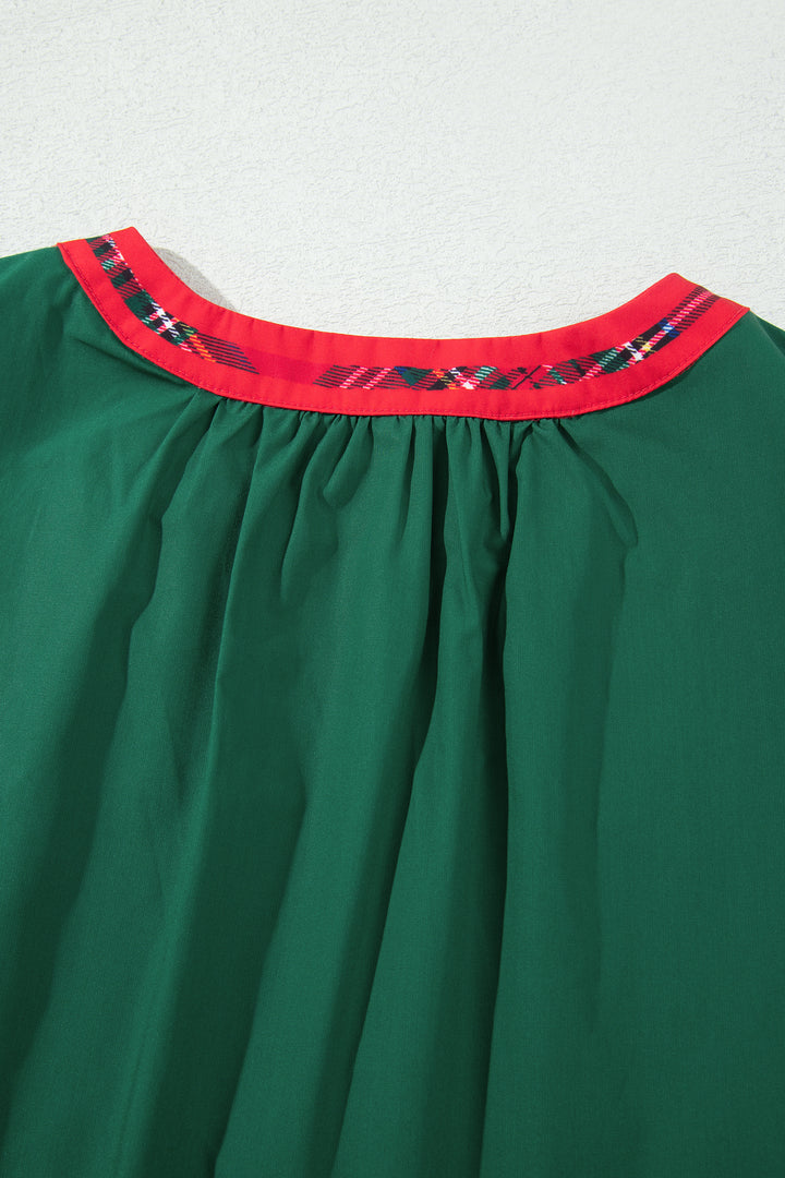 Evergreen Plaid Trim V Neck Short Sleeve Shift Blouse