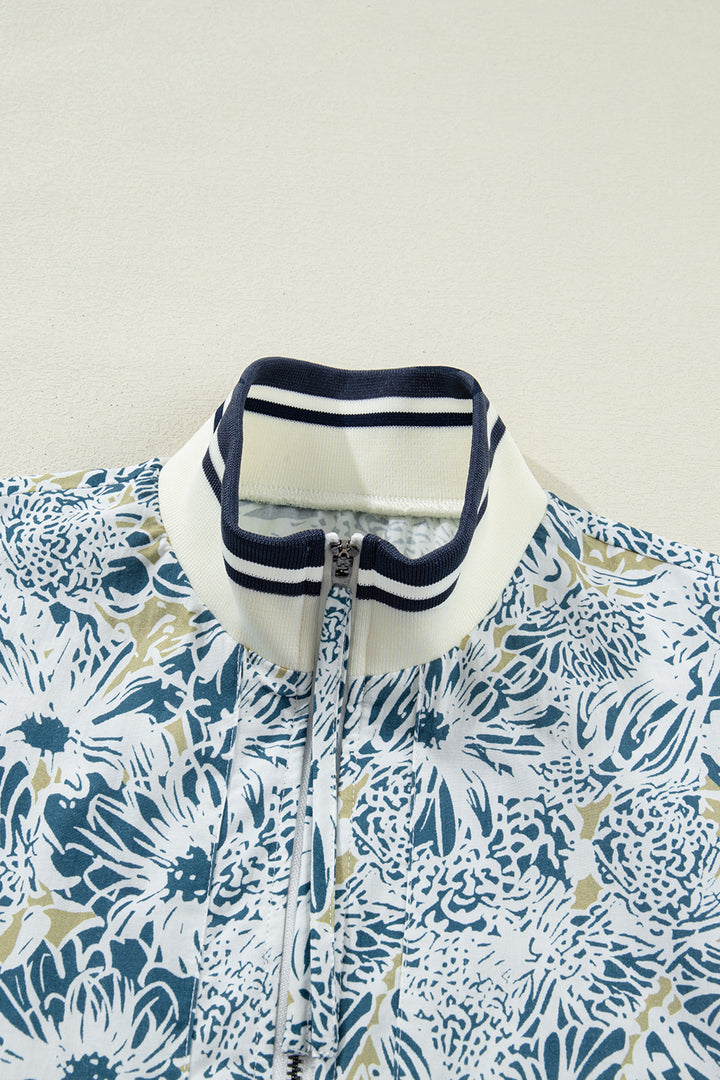 Blue Floral Print Striped Webbing Patchwork Collar Short Sleeve Mini Dress