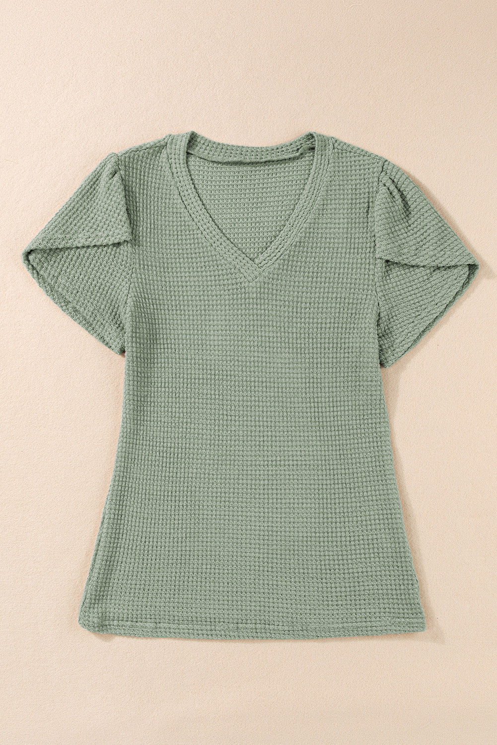 Mist Green V Neck Petal Sleeve Waffle Knit T-Shirt