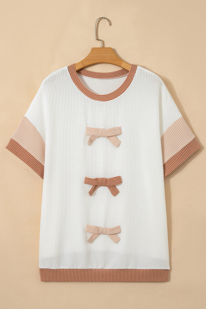 Apricot Bowknot Applique Plus Size Ribbed Top