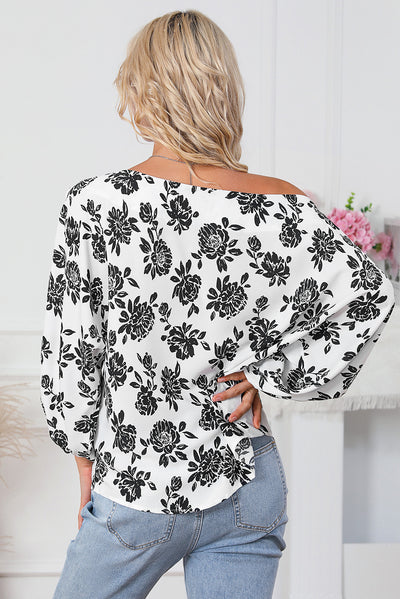 White Floral Print Cold Shoulder Loose Fit Blouse