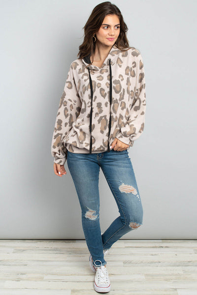 Leopard Brushed Hacci Puff Sleeved Hoodie With Drawstrings