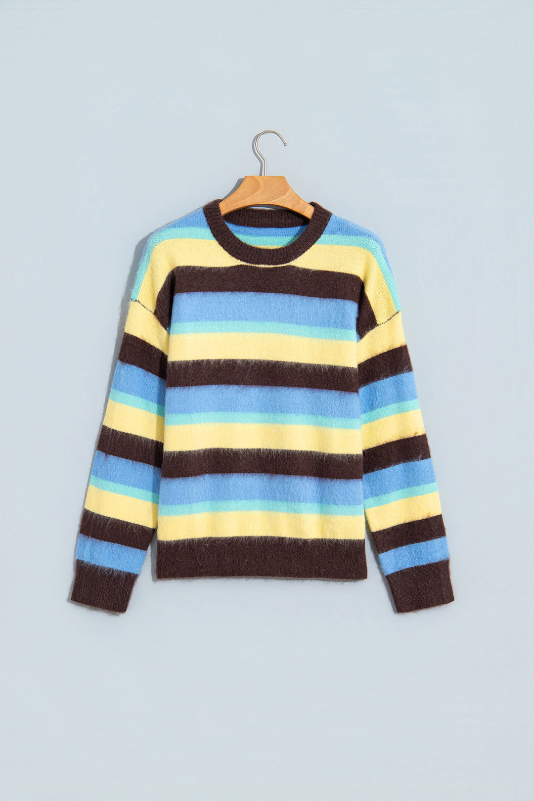 Multicolour Fuzzy Striped Knit Round Neck Casual Shift Sweater