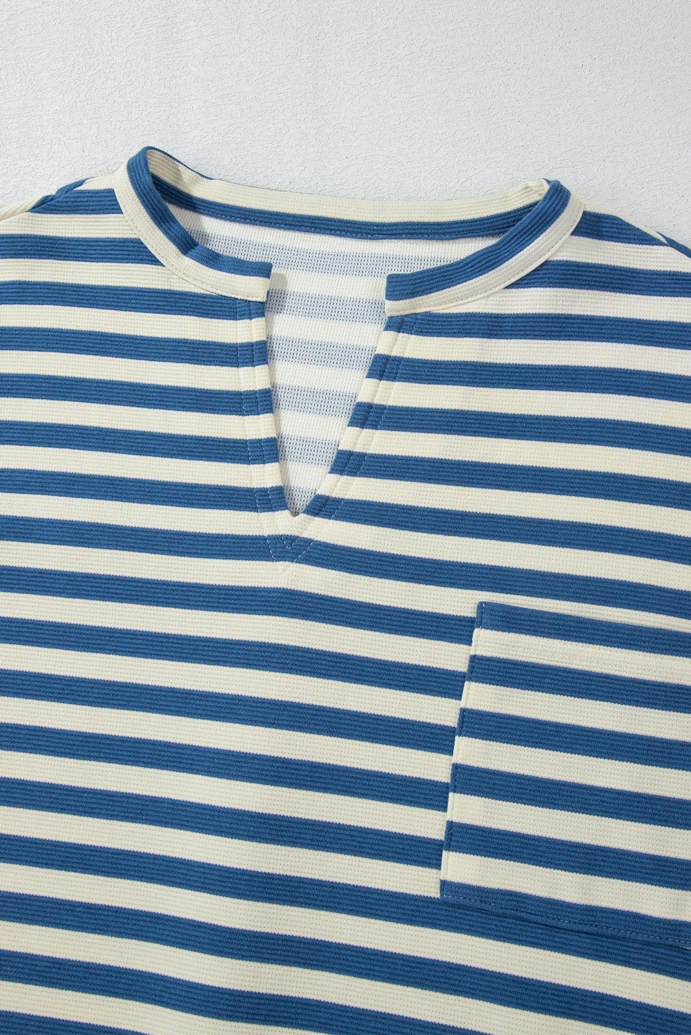 Sky Blue Stripe Chest Pocket Buttoned Back Notched V Neck Top