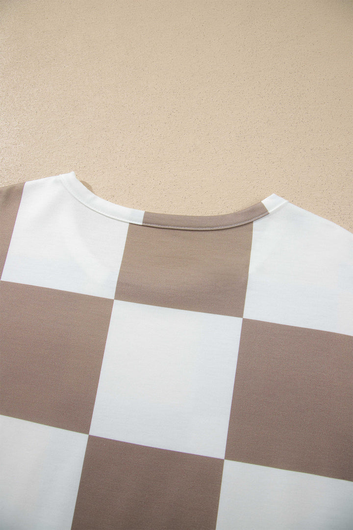 Khaki Checkerboard Plaid Long Sleeve Solid Color Shorts 2pcs Set