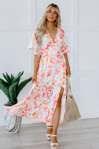 Multicolor Tropical Floral Print Ruched V Neck Maxi Dress