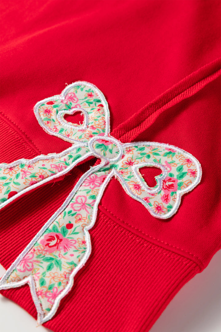 Fiery Red Floral Bow Patched Exposed Seam Patchwork Slit Baggy Sweatshirt