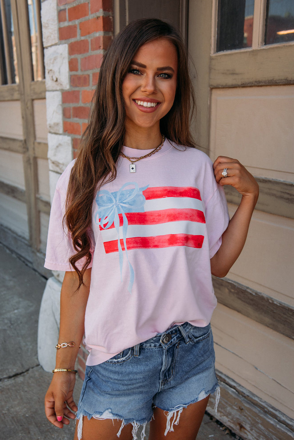 Light Pink Flag Bow Graphic Crewneck Tee