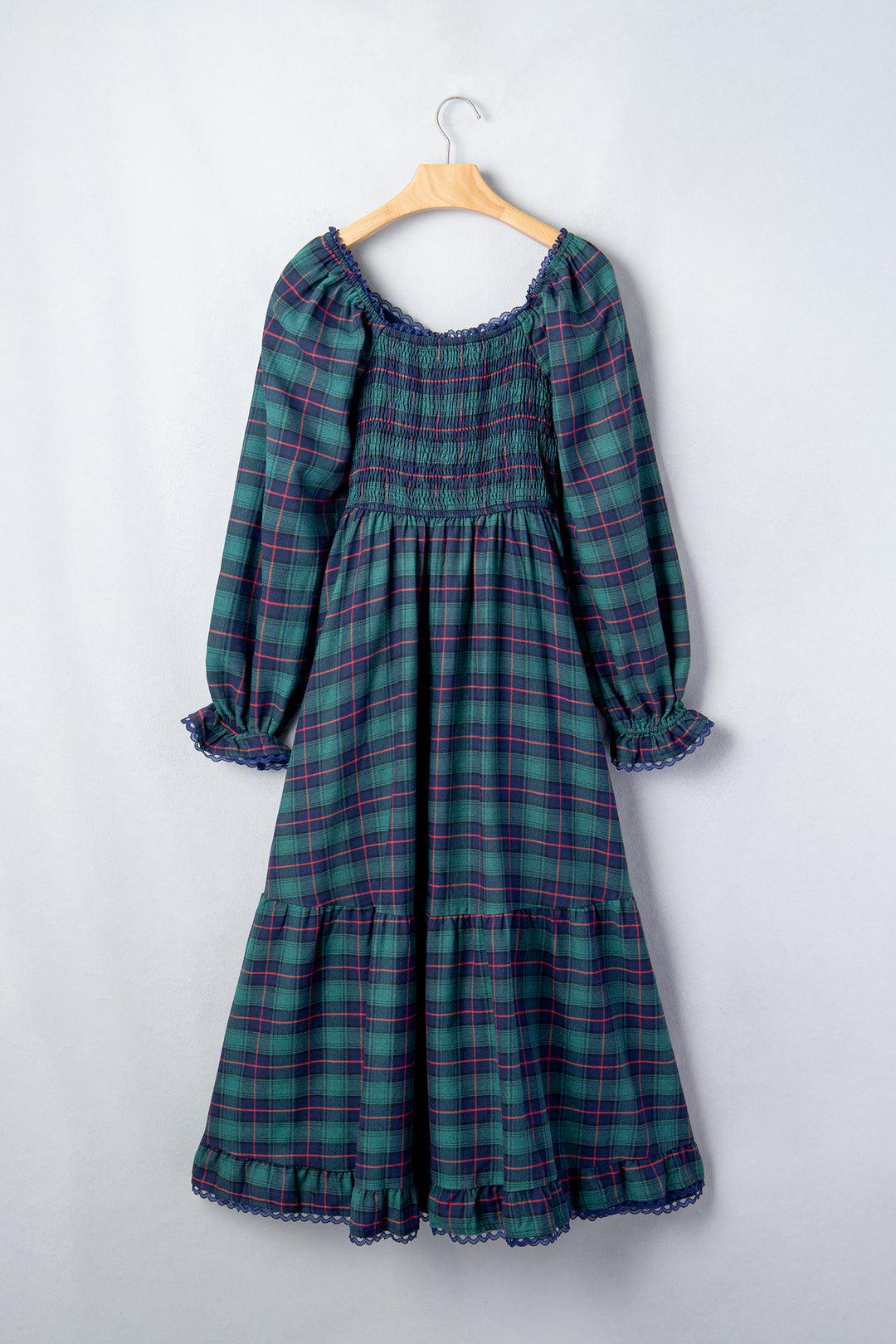 Green Vintage Plaid Square Neck Lace Trim Long Sleeve Shift Dress