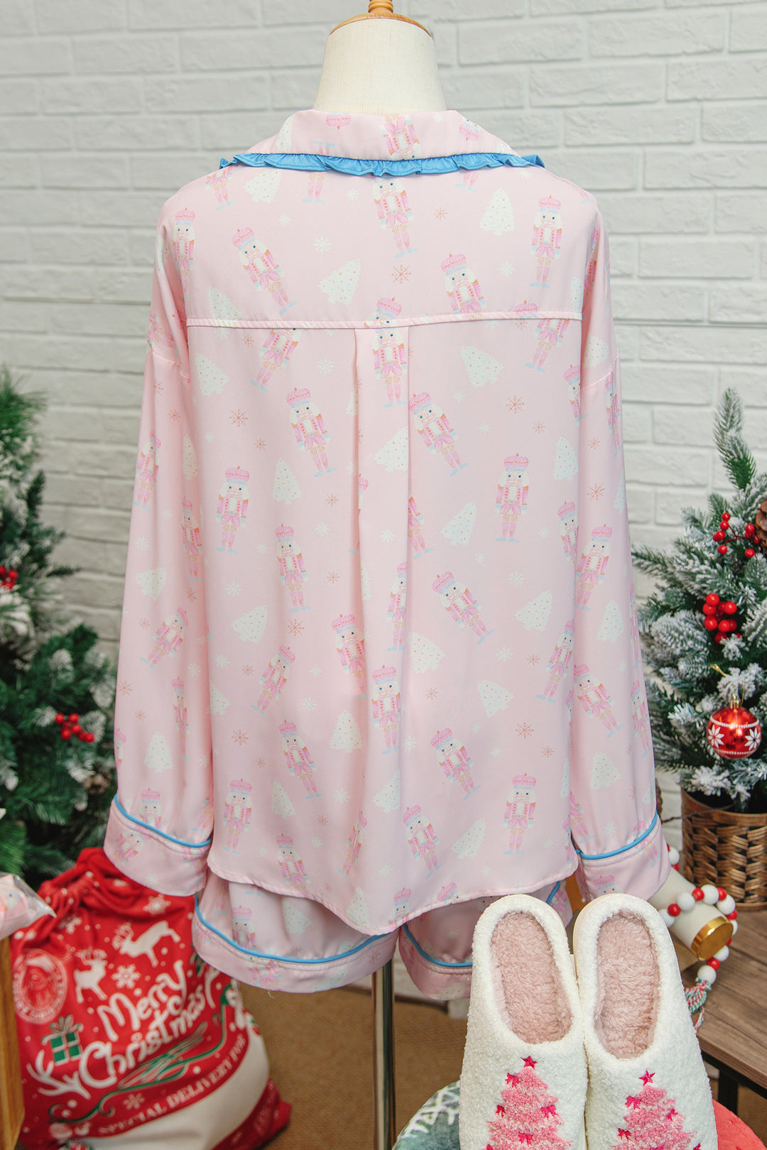 Pink Bow Tie Front Christmas Nutcracker Long Sleeve Shirt Shorts Pajama Set