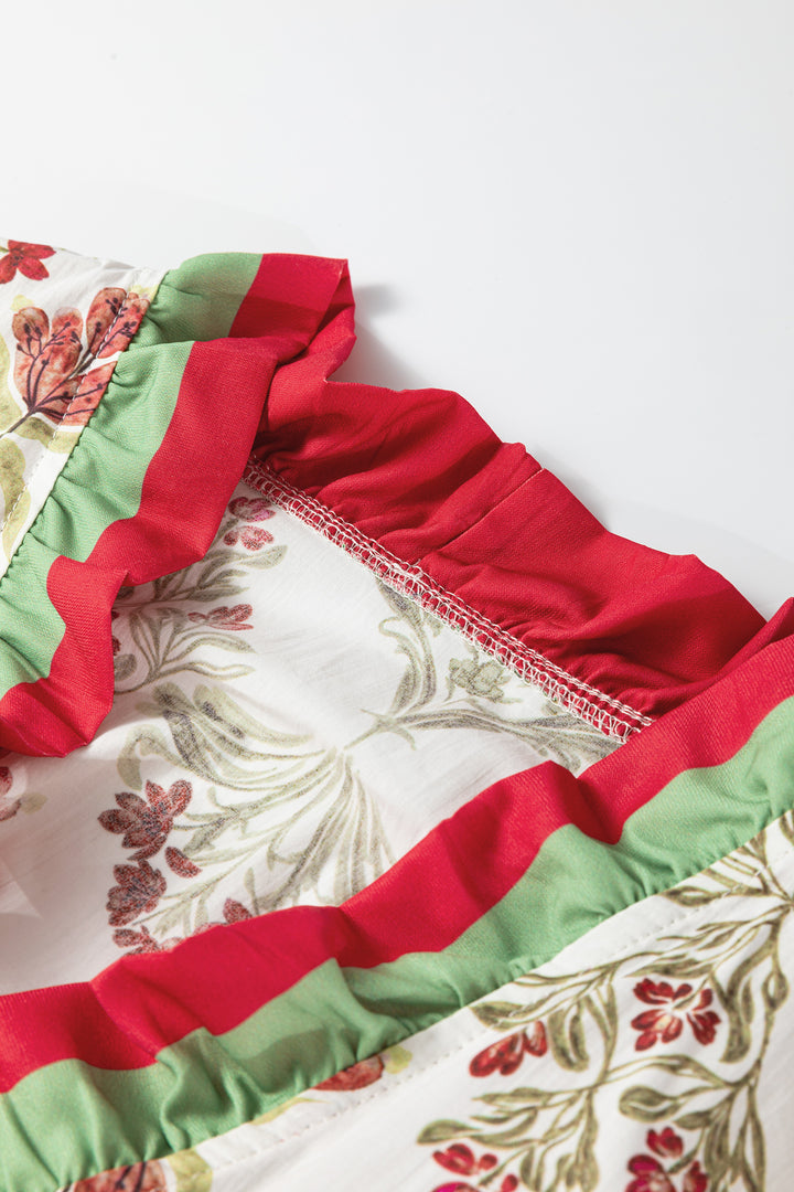 Floral Print Frilled Color Block Trim V Neck Long Sleeve Peplum Top