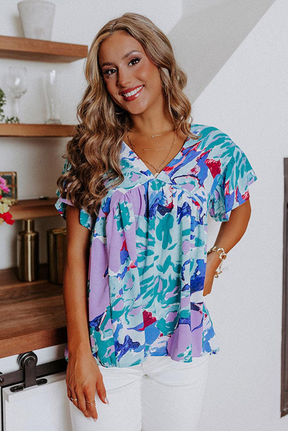 Sky Blue Abstract Print V Neck Flutter Sleeve Blouse