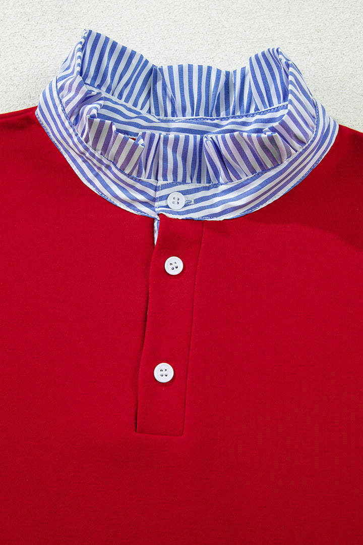 Racing Red Striped Collar Patchwork Satin Bow Sweatshirt and Shorts Set