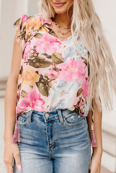 Pink Floral Print Tassel Tie Short Sleeve Blouse