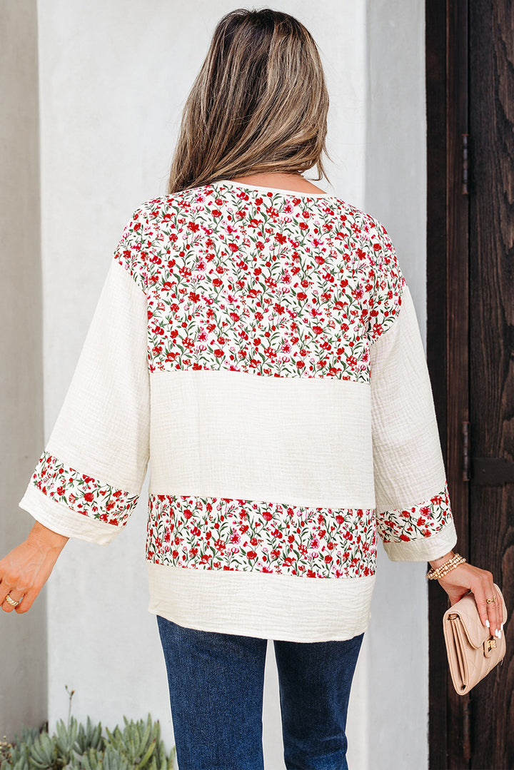 Red Floral Print Gauze Patchwork Henley Button 3/4 Sleeve Blouse