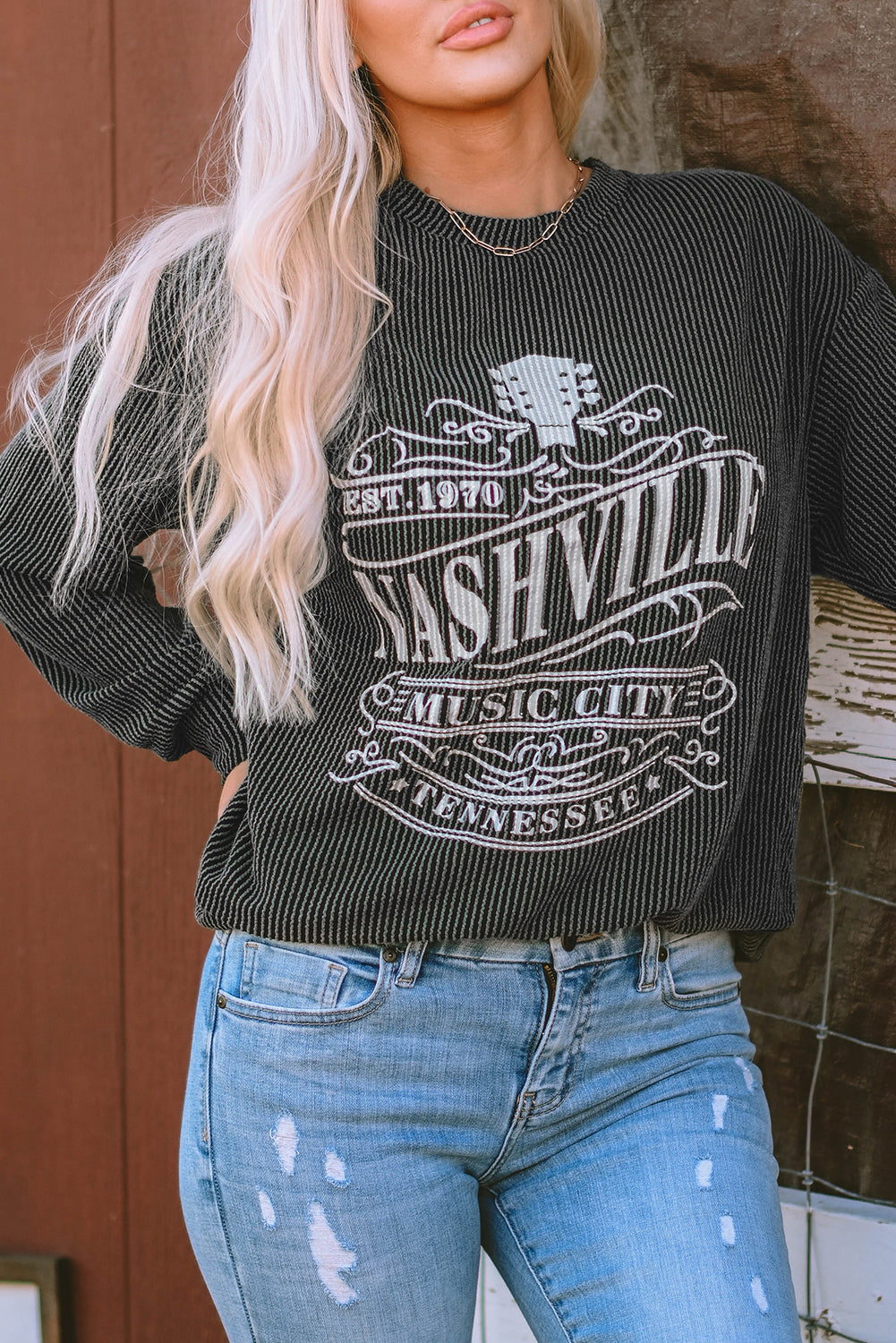 Black NASHVILLE MUSIC CITY Corded Graphic Sweatshirt