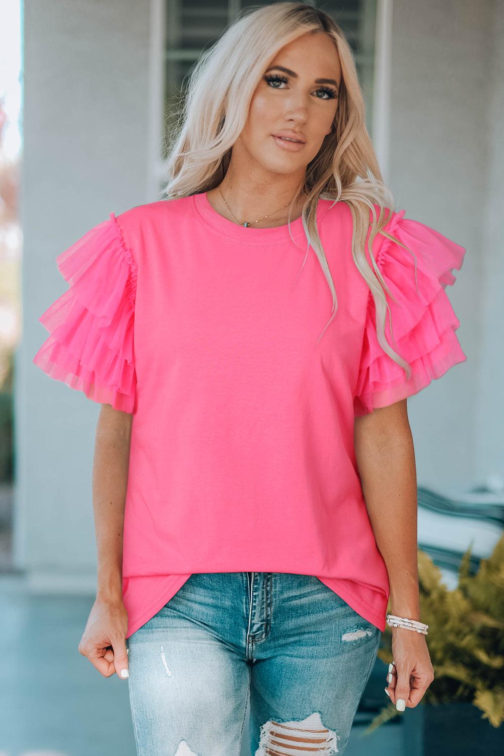 Pink Tulle Ruffle Sleeve Blouse