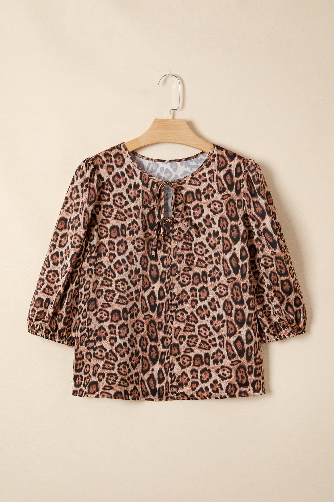 Brown Leopard Bow Tie Puff Sleeve Blouse