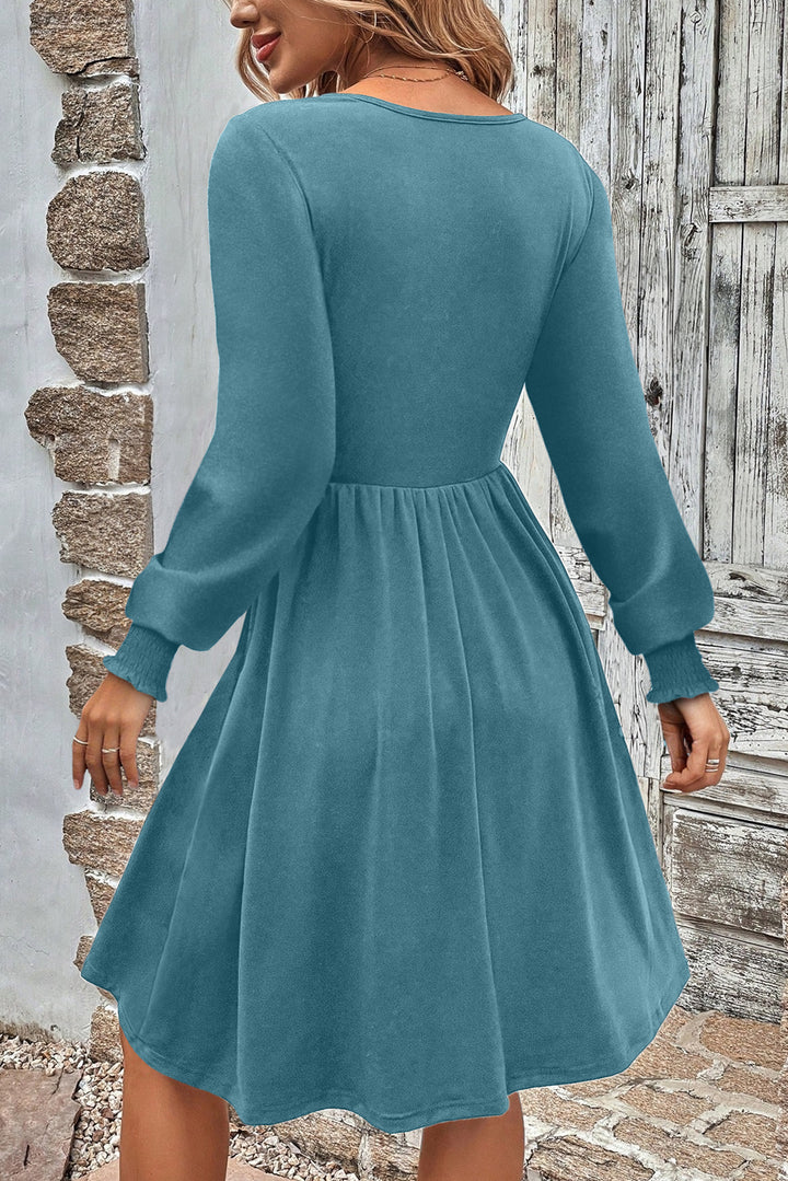 Canton Shirred Cuff Long Sleeve Button Round Neck Mini Dress