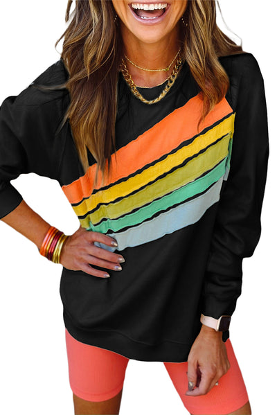 Black Rainbow Colorblock Striped Pullover Sweatshirt