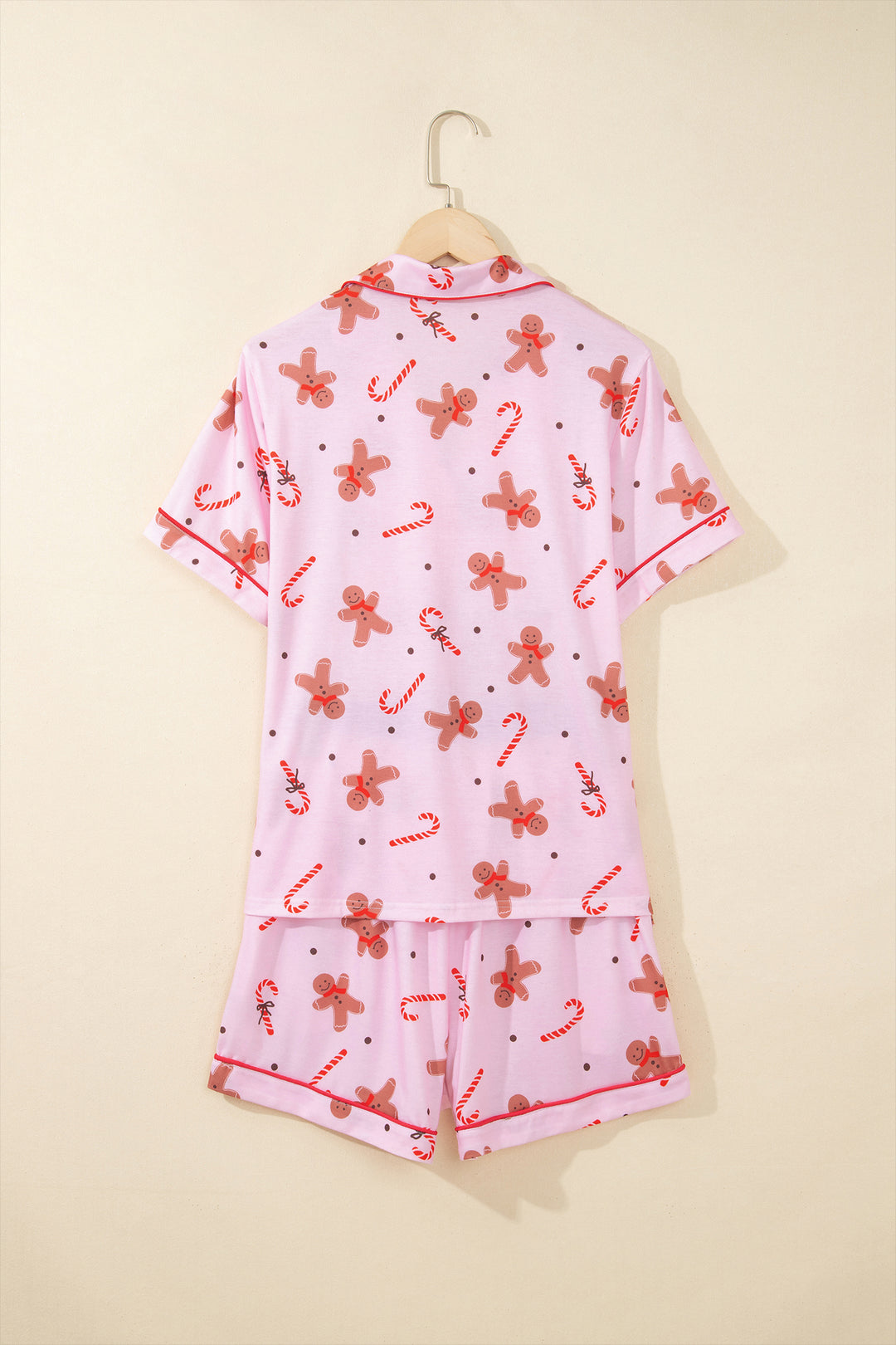 Pink Short Sleeve Placket Shell Button Elastic Waist Lounge Set
