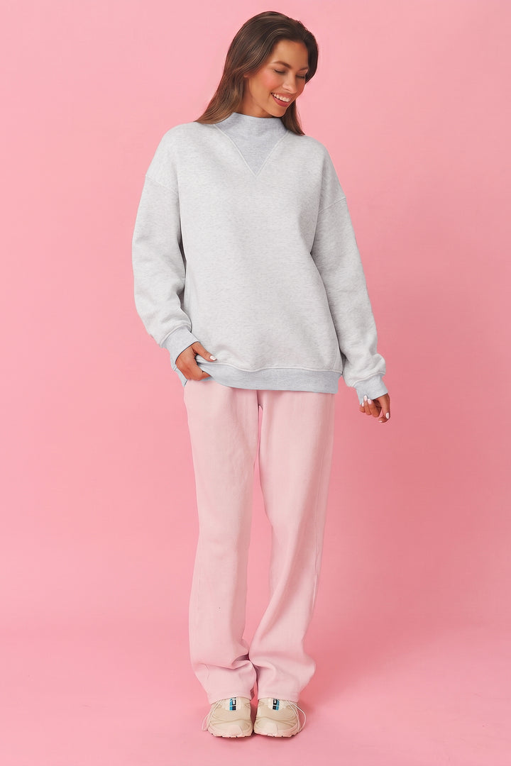 Light Grey High Neck Ribbed Cuff Hem Sweatshirt