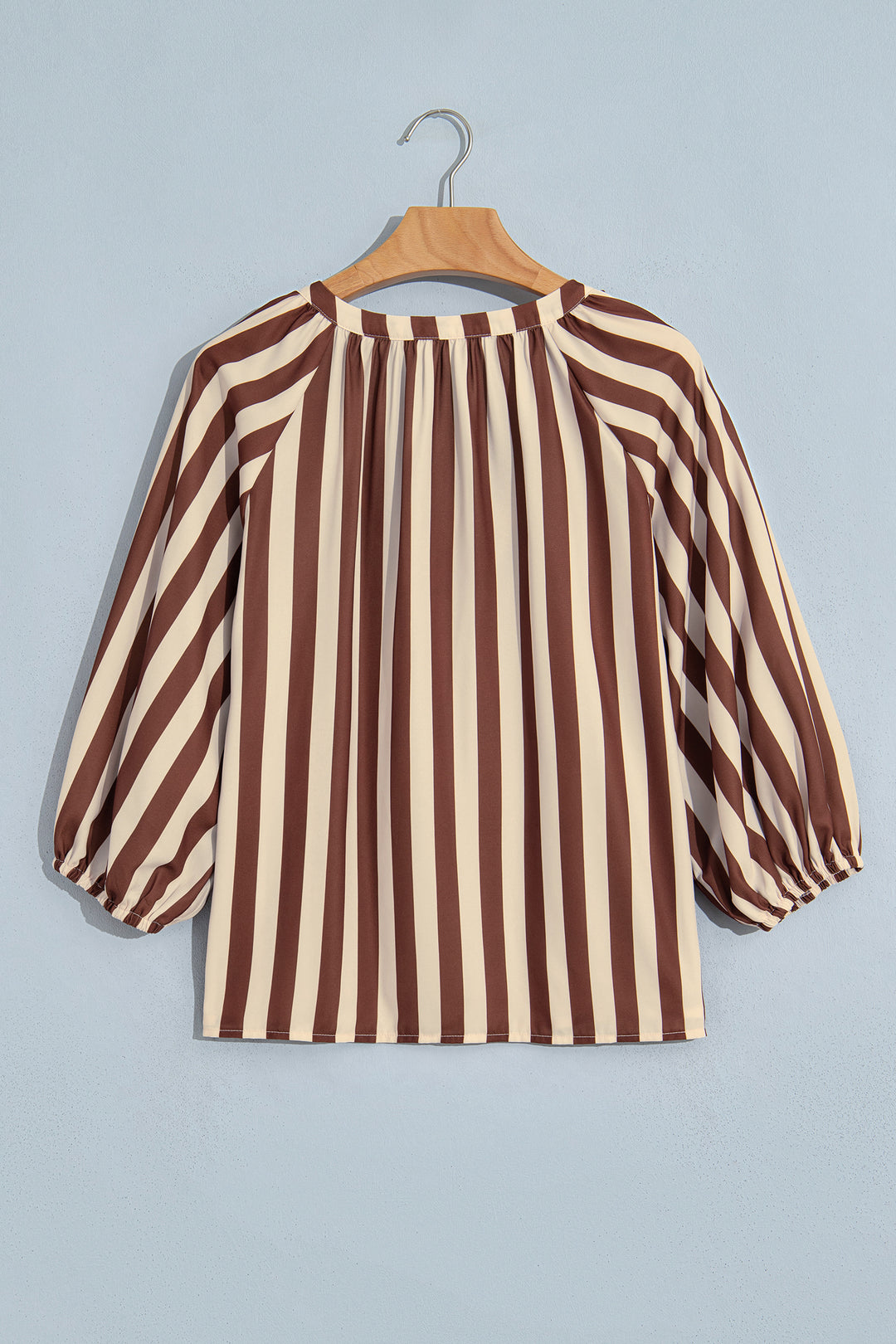 Brown Stripe V Neck Half Sleeve Casual Blouse