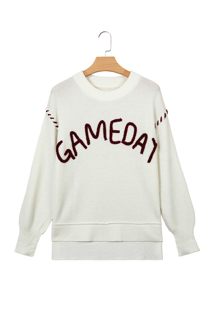 Beige Drop Shoulder Game Day Letter Print Pullover Sweater
