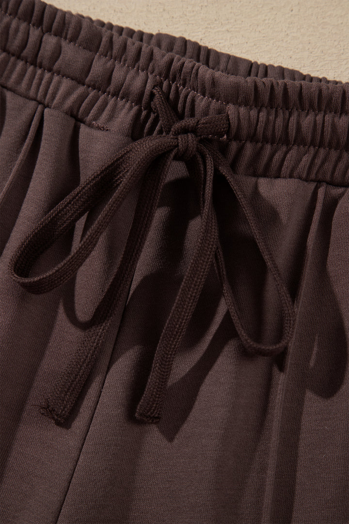 Coffee Solid Color Piping Trim Mock Neck Pullover Drawstring Pants Set