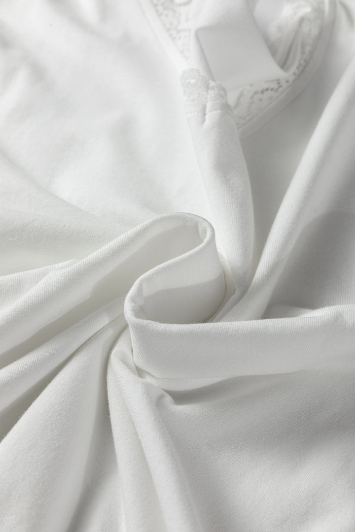 White Lace Trim V Neck Cuffed Long Sleeve Loose Top